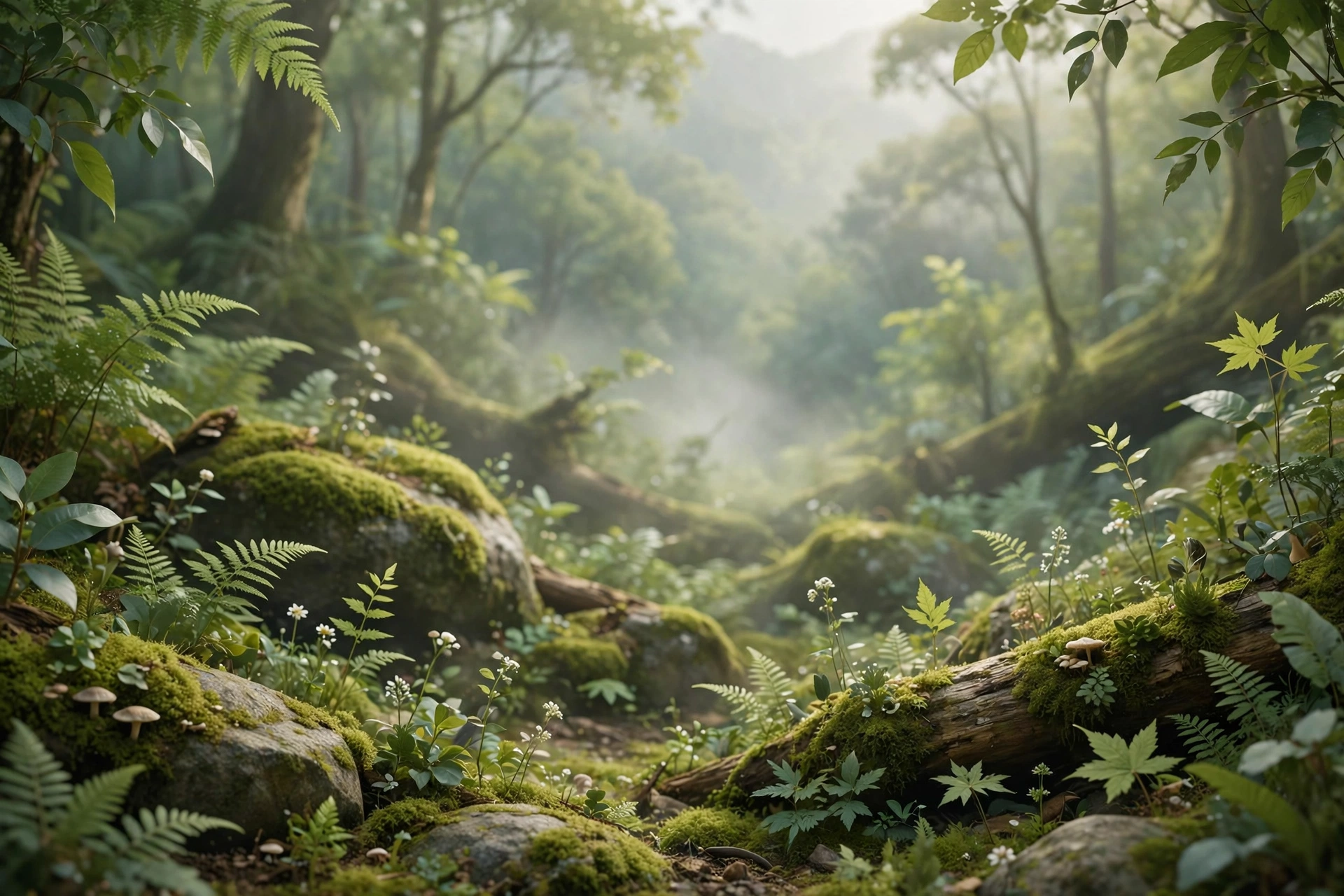 Bosque frondoso con helechos, musgo y luz natural entre los árboles