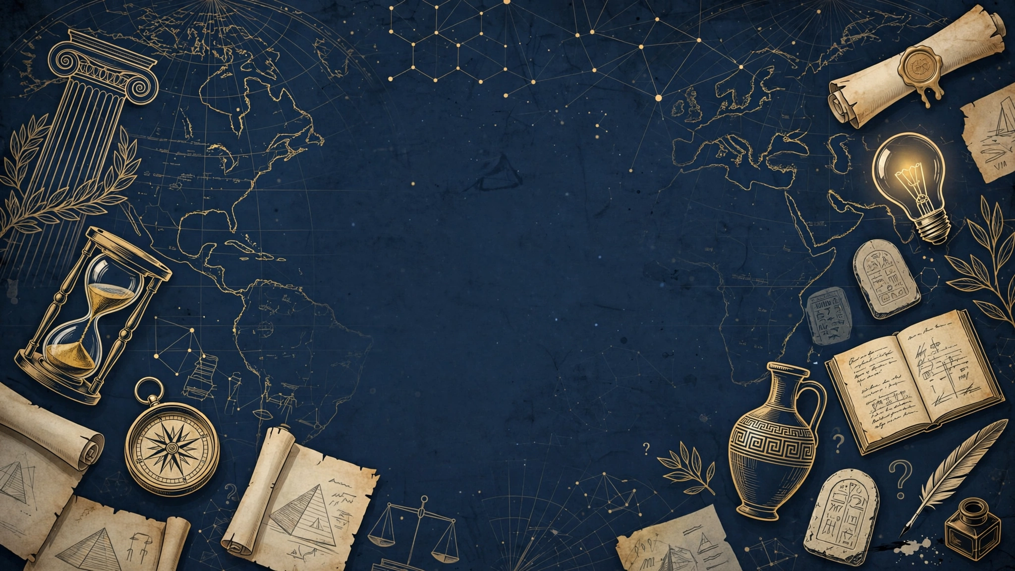Composición histórica con mapas, pergaminos, reloj de arena y objetos de distintas épocas
