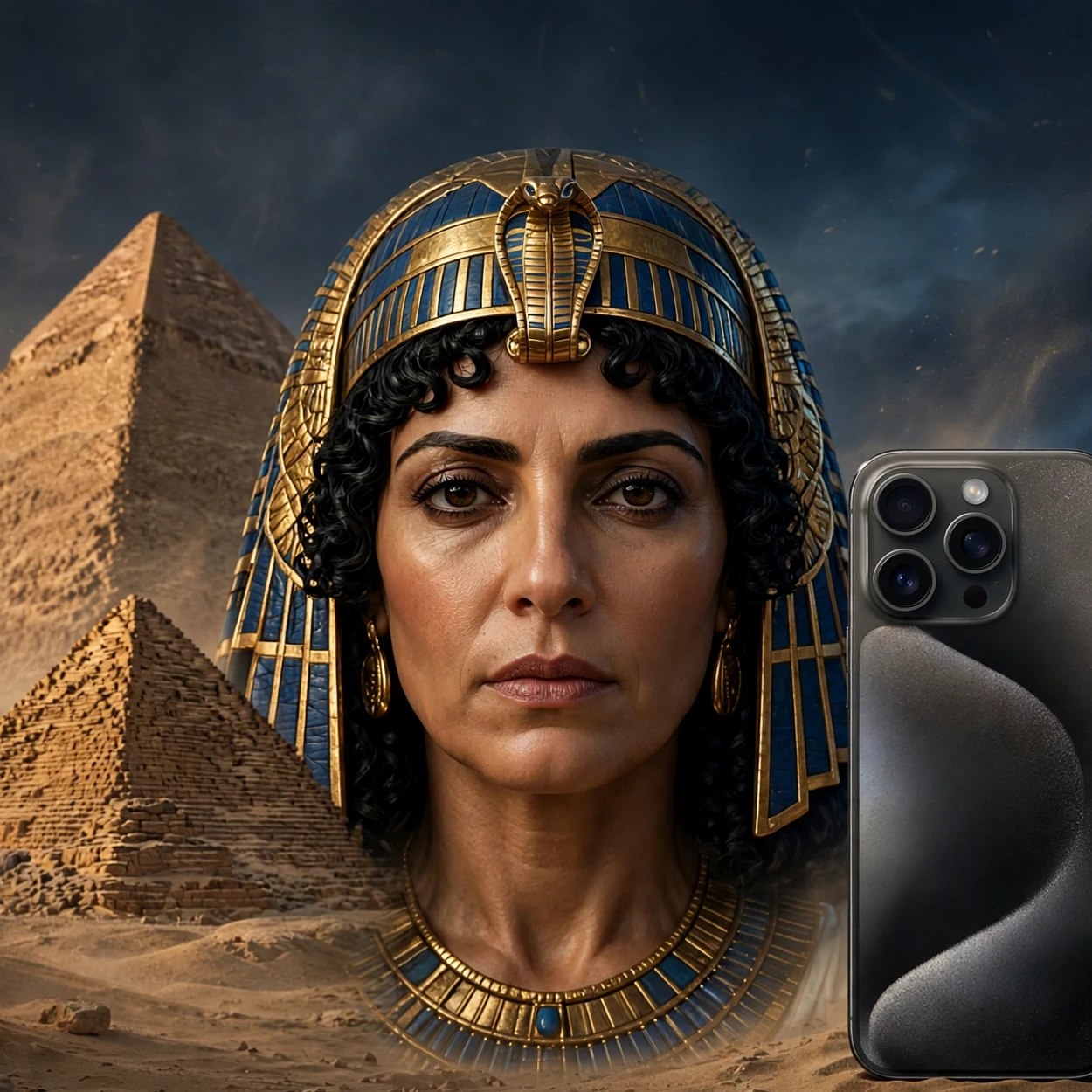 Composición conceptual de Cleopatra entre las pirámides y un teléfono inteligente