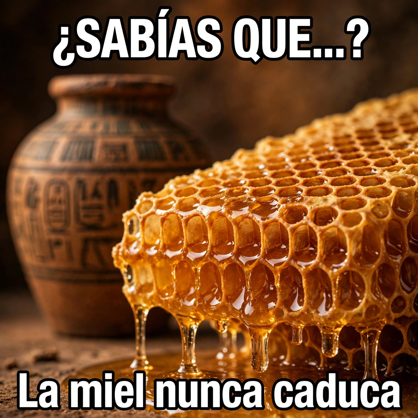 Panales dorados y miel, con el texto La miel nunca caduca