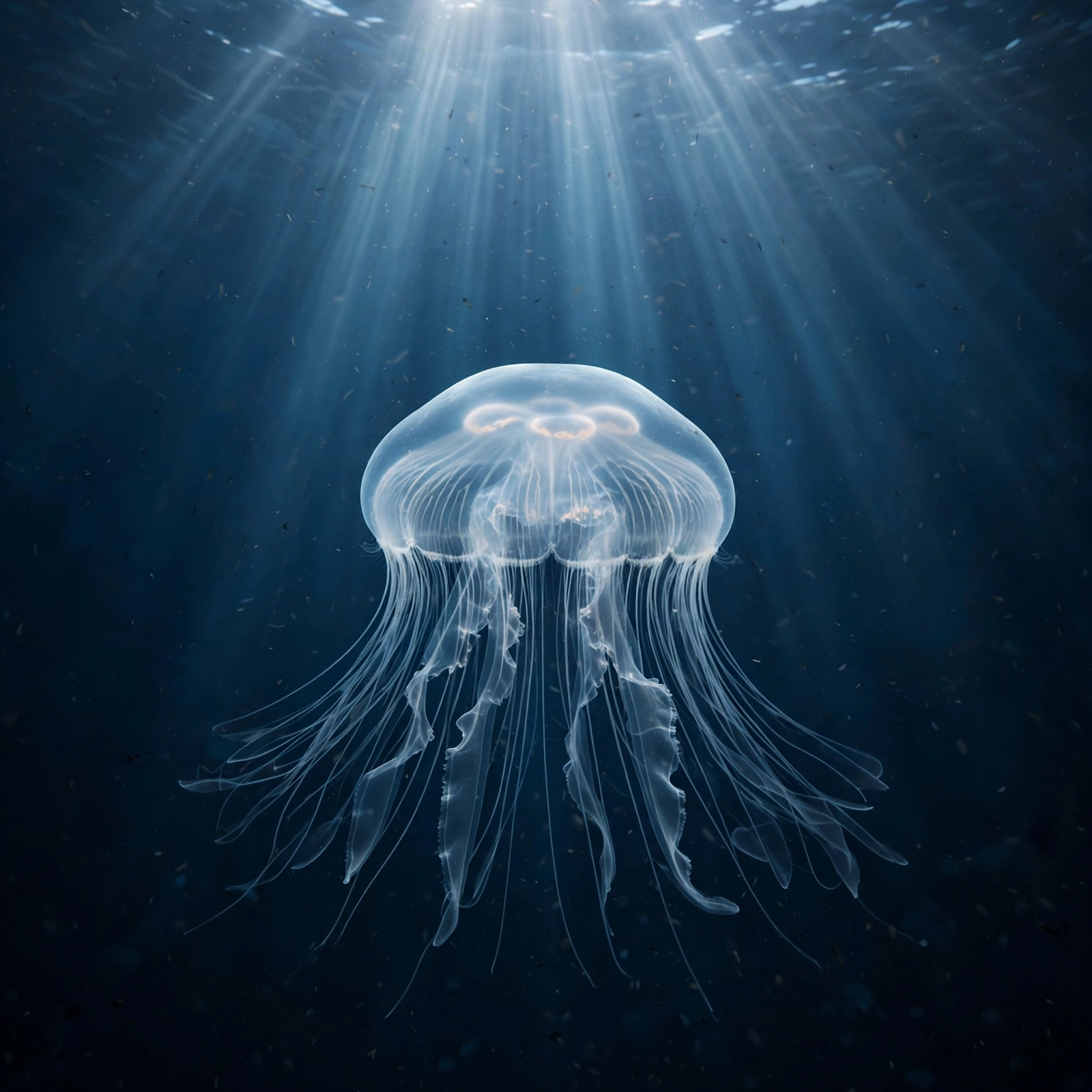 Medusa translúcida flotando en agua azul profunda bajo haces de luz