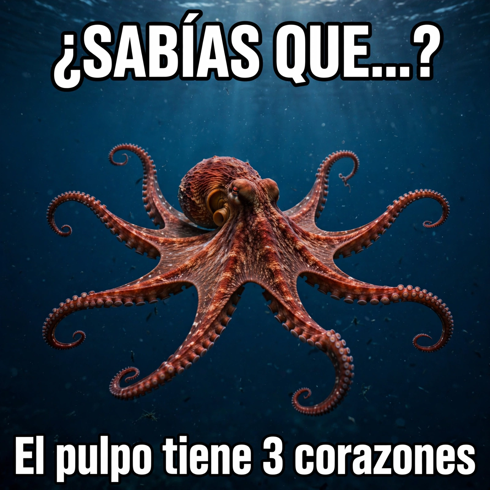 Ilustración de un pulpo rojo, con el texto El pulpo tiene 3 corazones