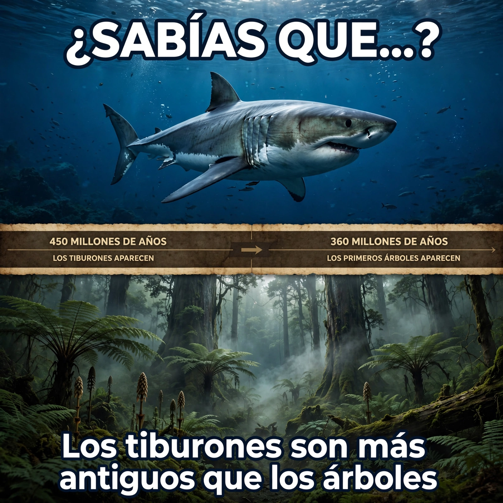 Tiburón nadando sobre un bosque prehistórico, con el texto Los tiburones son más antiguos que los árboles