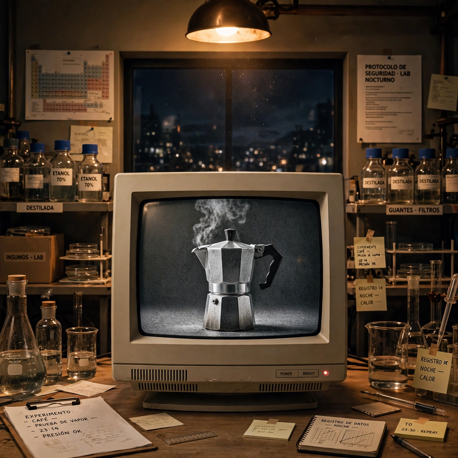 Monitor de los años noventa mostrando en escala de grises una cafetera con vapor
